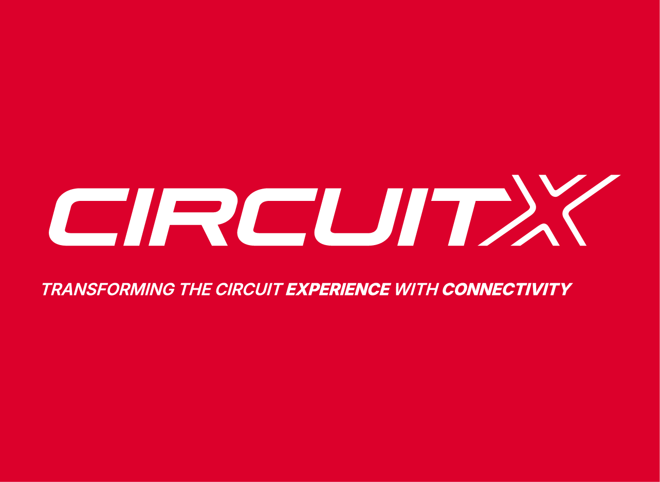 White CircuitX logo in bold, italic capital letters with a stylized “X,” above the tagline: “Transforming the circuit experience with connectivity.” All text appears on a solid red background, highlighting CircuitX’s innovative spirit.