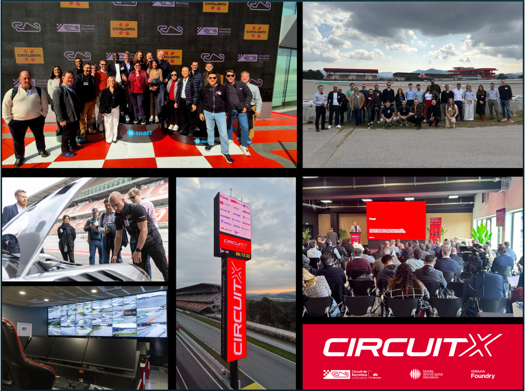 Collage of people at a CircuitX event, cars racing on the track, the control room in action, and the prominent CircuitX sign and logo.