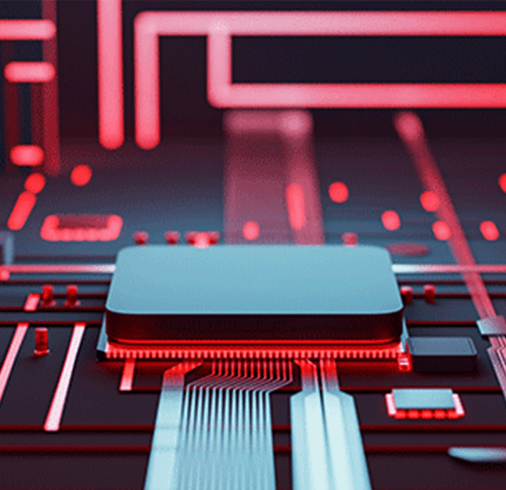 A close-up of a computer chip on a circuit board with glowing red lines and connections.
