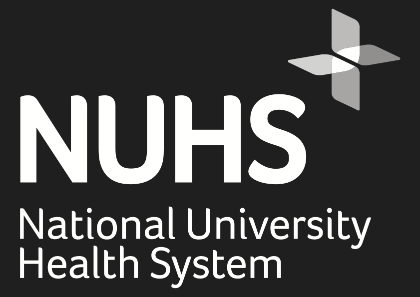White text on a black background reads “NUHS National University Health System.” To the right is a geometric cross-shaped logo with four silver and gray kite-like segments forming a stylized star.