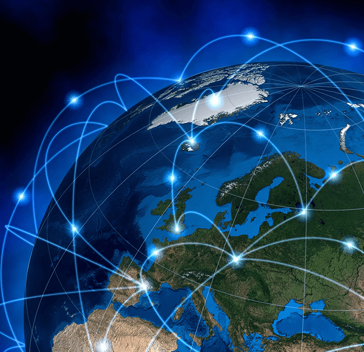 A view of Earth from space with glowing lines connecting various points across Europe, Africa, and Greenland.