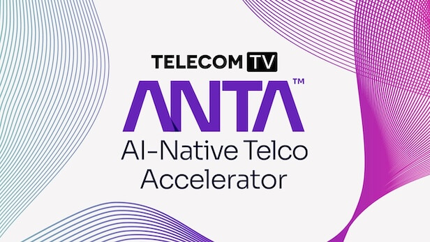 Telecom TV ANTA logo centered, with "AI-Native Telco Accelerator" text below, on a white background. Abstract purple and blue wavy lines curve along the corners and edges, adding a dynamic, modern design element.