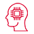 A red outline of a human head in profile with a microchip symbol inside the brain area illustrates the concept of artificial intelligence or the integration of technology with human thinking, emphasizing advancements in Connected Health. The background is light gray.