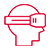 Red outline icon of a person’s head in profile, facing right, wearing virtual reality goggles with two vertical lines on the side. The simple, minimalistic design on a light background subtly evokes the innovations of Connected Health.