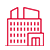 Red outline icon of a multi-story building with multiple windows, a taller main section, a smaller attached section, and double doors, symbolizing Connected Health, all on a white background.