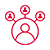 Red icon of a large person outlined in a circle, connected by three lines to three smaller outlined people in circles above. Symbolizes networking, connections, or social relationships, and can also represent Connected Health solutions. White background.