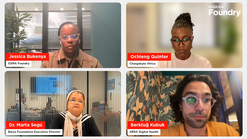 A video call grid shows four people in separate frames. Top left is Jessica Bukenya, top right is Ochieng Quinter, bottom left is Dr. Marta Segú wearing a white headscarf, and bottom right is Berk tuğ Kubuk. Each frame includes a name tag and professional affiliation at the bottom.