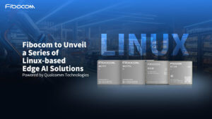 Advertisement for fibocom unveiling linux-based edge ai solutions, featuring a series of products and the qualcomm logo.