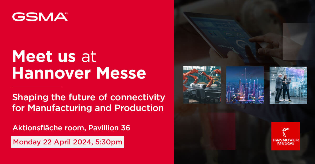 Gsma event invitation for hannover messe focusing on the future of connectivity in manufacturing and production, with date and location details.