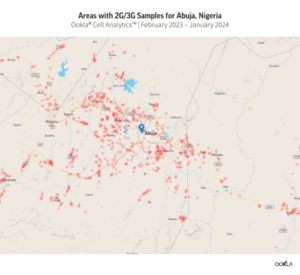 Map displaying the distribution of 2g/3g cellular network samples around abuja, nigeria from february 2023 to january 2024.