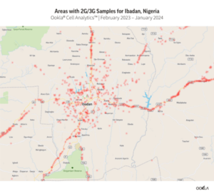 Map displaying the distribution of 2g/3g mobile network samples in ibadan, nigeria, from february 2023 to january 2024.