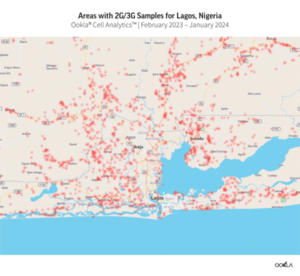 Distribution of 2g/3g network coverage areas in lagos, nigeria, from february 2023 to january 2024.