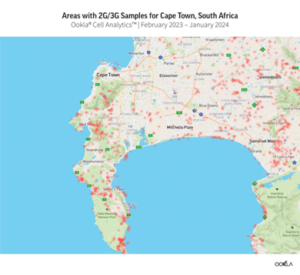 Map displaying the distribution of 2g/3g network coverage areas in cape town, south africa from february 2023 to january 2024.