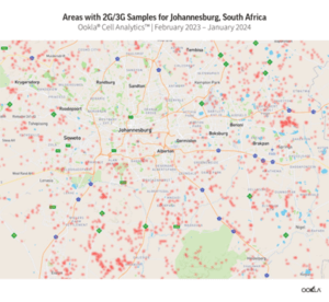 Map showing the distribution of 2g/3g coverage samples in the johannesburg area of south africa, with varying concentrations indicated by red and green dots.