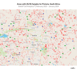 Map showing the distribution of 2g/3g network coverage samples in pretoria, south africa from february 2023 to january 2024.