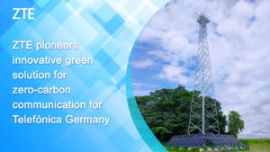 A telecommunications tower with adjacent solar panels, illustrating zte's green technology initiative for carbon-neutral communication with telefónica germany.