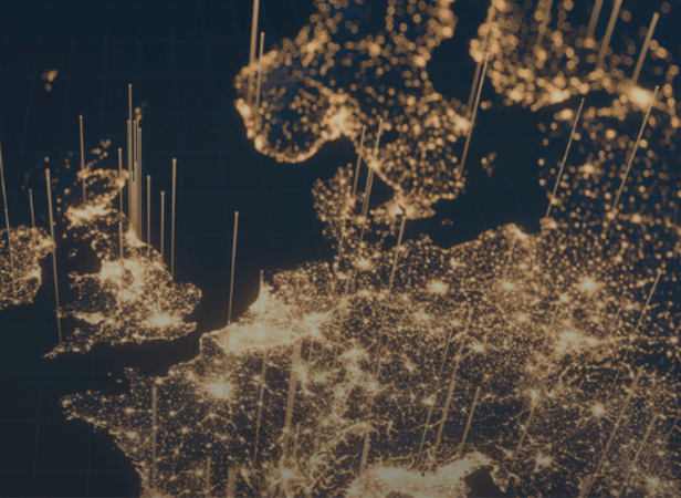 A map of Western Europe is shown at night, glowing with clusters of yellow lights representing urban areas. Vertical white lines extend upward from major cities, reminiscent of Members Testimonials highlighting data or population concentrations. The background is dark.
