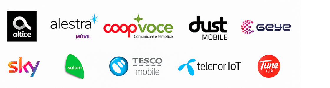 Twelve MVNO mobile network logos in two rows, featuring altice, coop voce, dust MOBILE, sky, TESCO mobile, and Tune Talk.