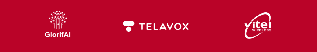 A red banner displays three white company logos: GlorifAI with a stylized tree left, Telavox with a modern sans-serif font and geometric icon center, and Vitel Wireless with an orbit-like ellipse circling the word "vitel" right.