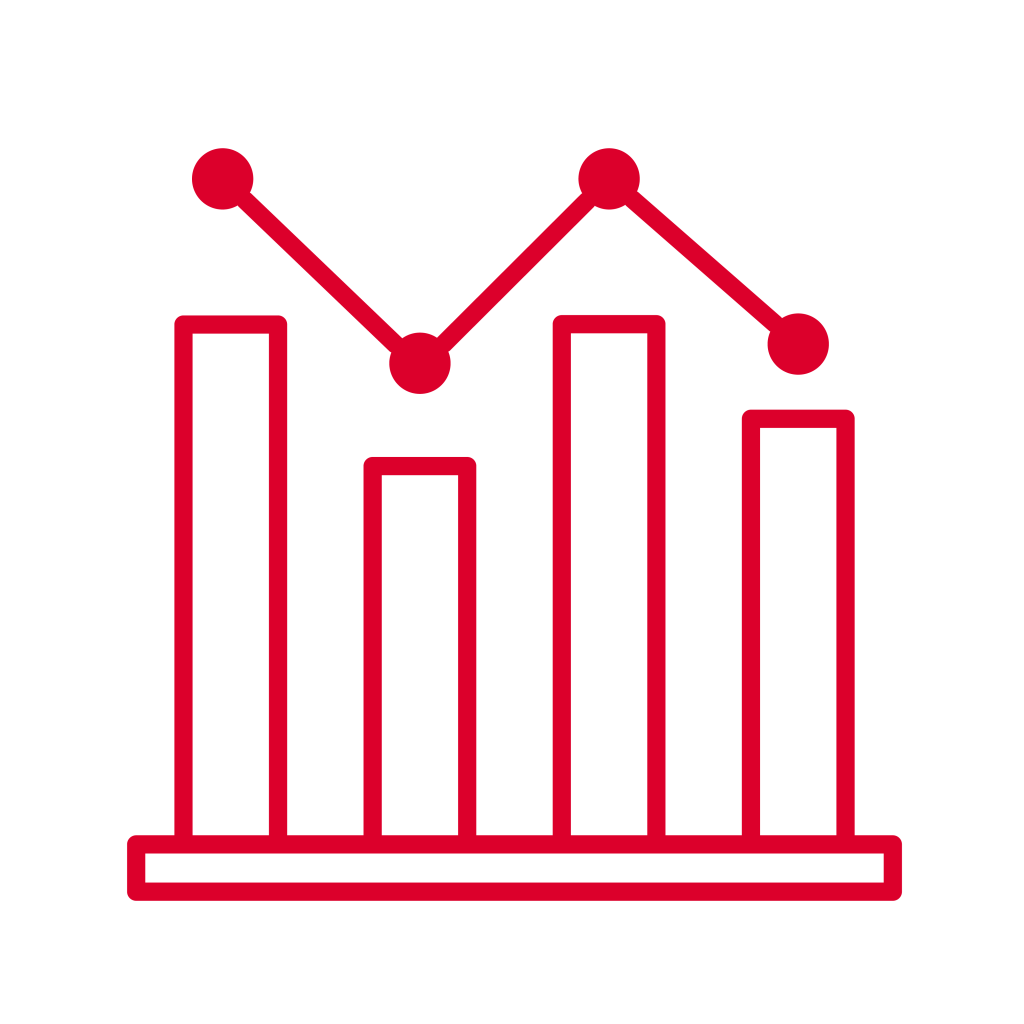A red outline bar graph with four vertical bars of varying heights and a red line graph with five circular data points, connecting the tops of the bars. The image is on a light gray background.