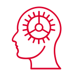 A red outline of a human head in profile, containing a circular gear or clock symbol inside the brain area, suggesting concepts related to thinking, mental processing, or technology and the mind. The background is white.