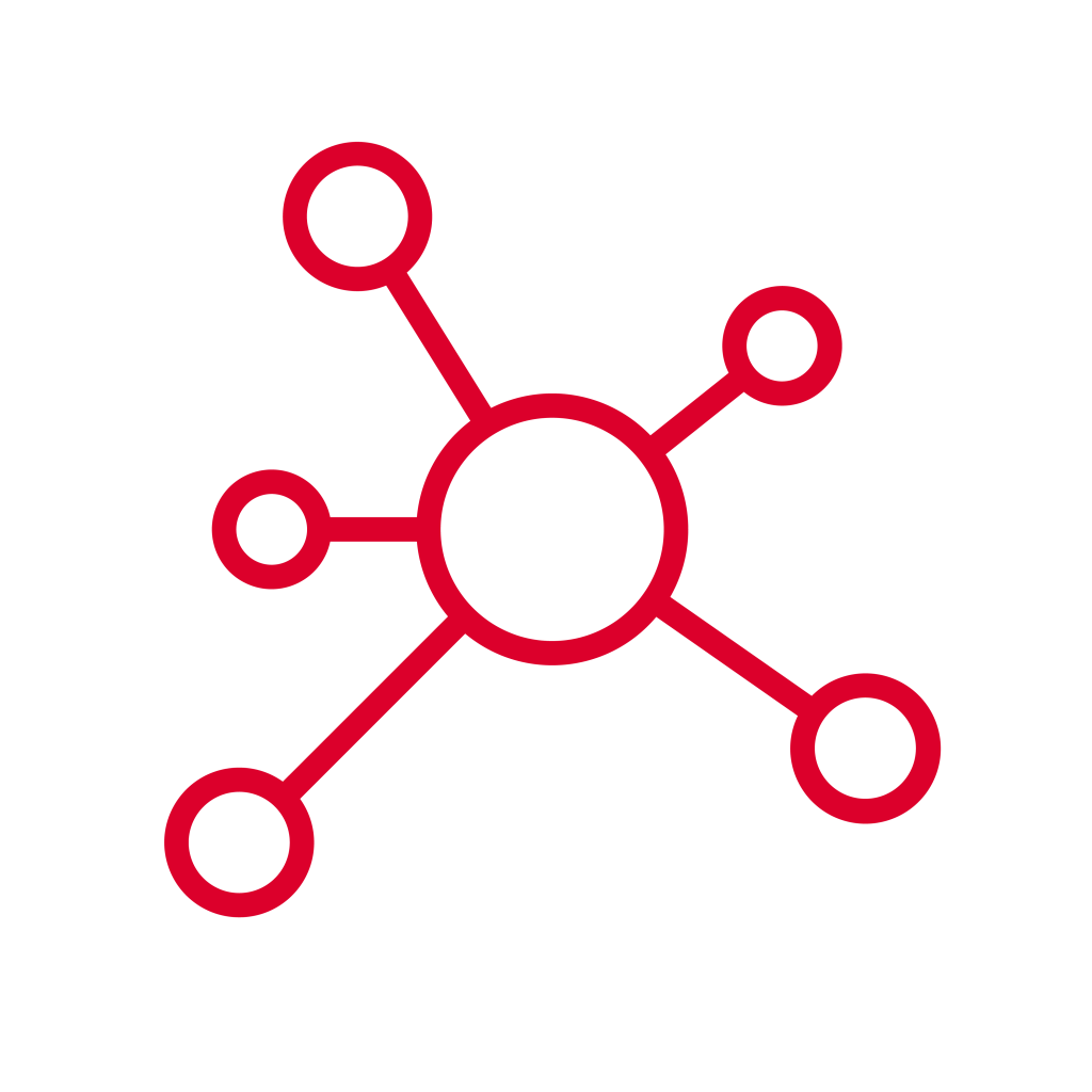 A red line icon of a central circle connected to five smaller circles by straight lines, resembling a simple network or molecular structure, on a light gray background.