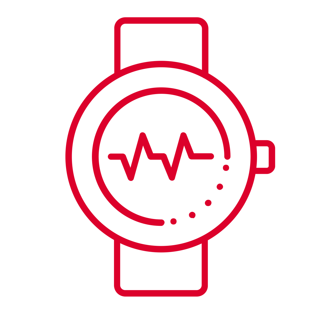 A red outline of a smartwatch with a circular screen displaying a heartbeat line and dotted tracking path, symbolizing health or fitness monitoring; the background is light gray.