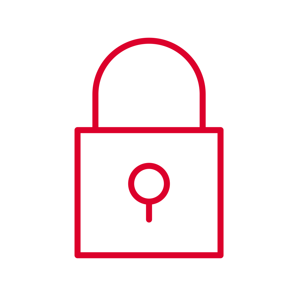 A simple red outline of a padlock with a circular keyhole, centered on a light gray background, symbolizing security or protection.