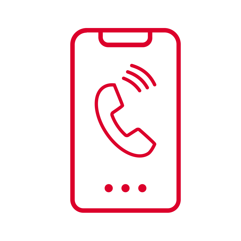 A red outline of a smartphone with a large phone receiver icon and three curved signal lines on its screen, symbolizing an incoming call. Three small circles are at the bottom of the device. The background is light gray.