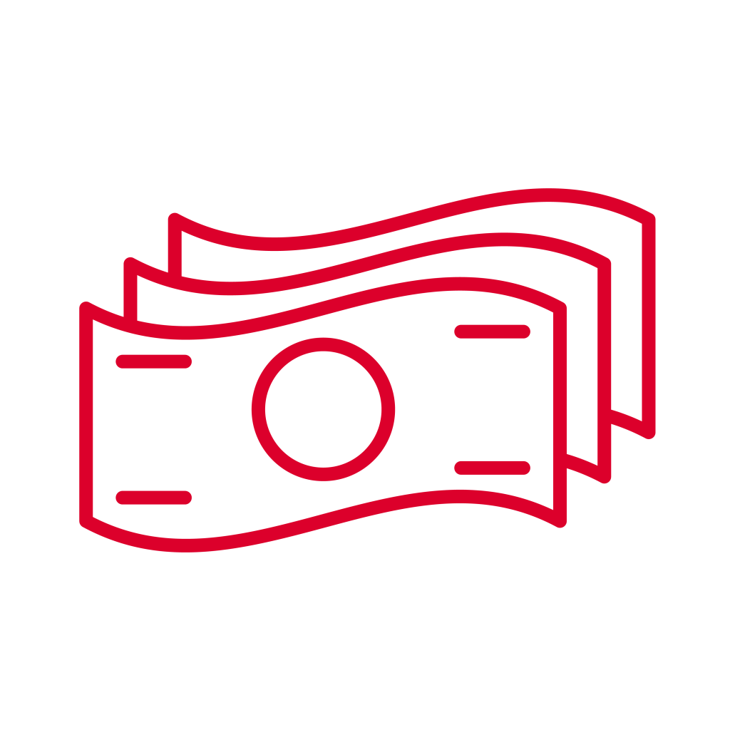 A simple red outline drawing of three overlapping paper bills, each featuring a large circle in the center and two short horizontal lines at the corners, set on a plain white background. The bills are arranged to imply a stack of money.