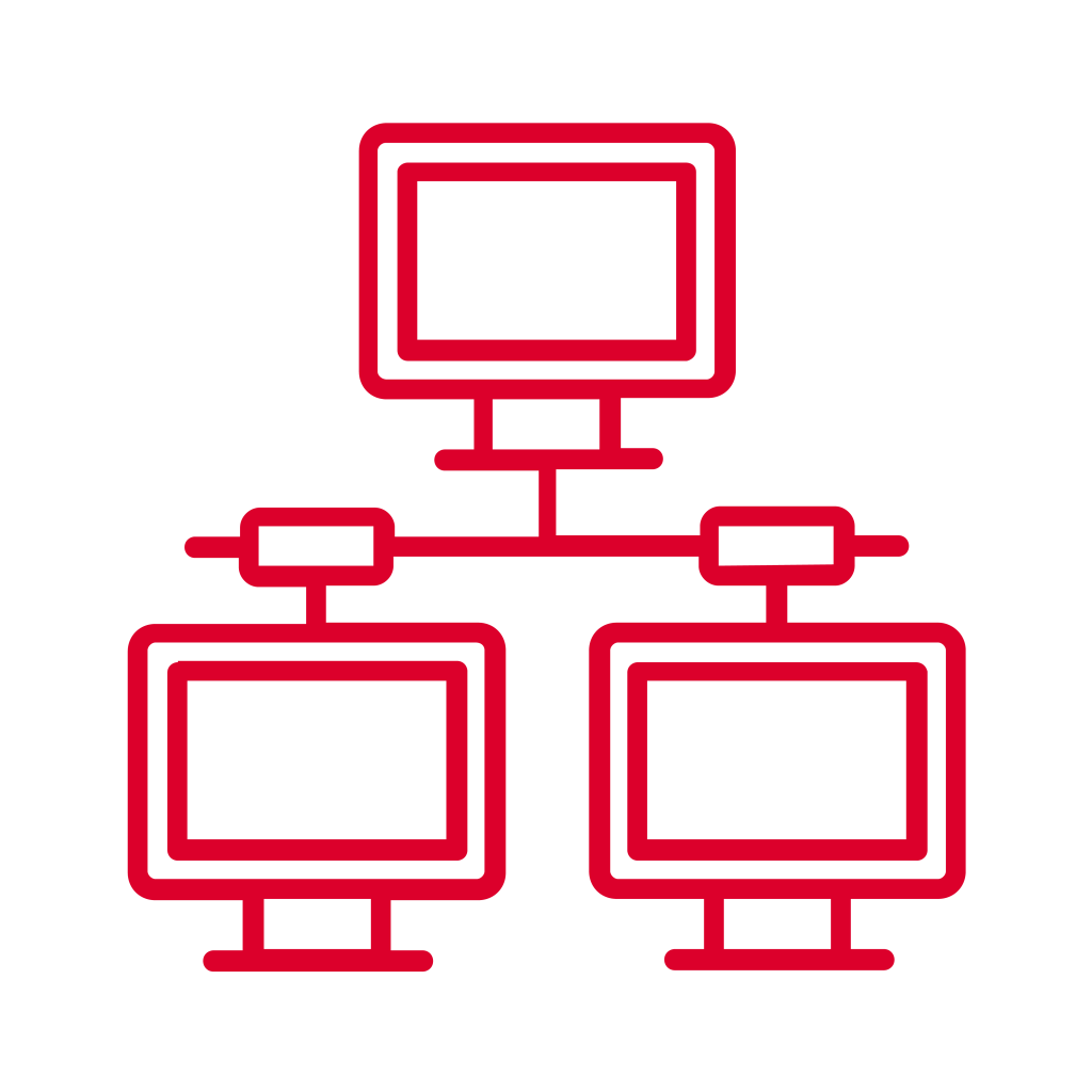 Red outline icon of four computer monitors connected in a network. One monitor is at the top, linked by lines to three monitors arranged below, representing a hierarchical or star computer network structure on a white background.