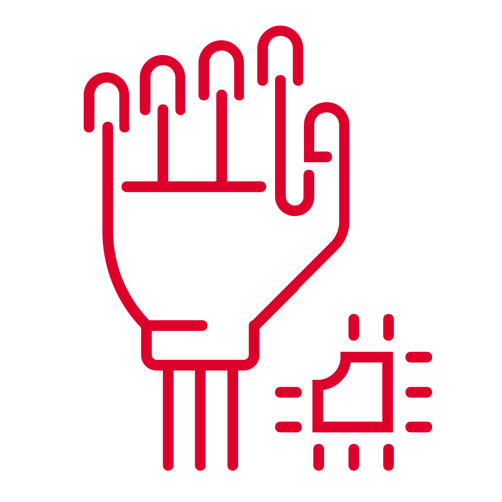 A red outline drawing of a robotic hand with segmented fingers is shown. Next to the hand is a small microchip or processor icon, also in red outline, suggesting technology or artificial intelligence. The background is light gray.