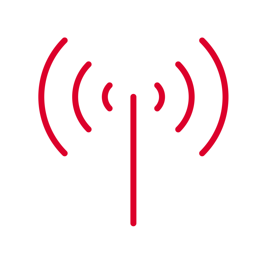 Red wireless signal icon with concentric curved lines radiating from a central vertical line on a white background.
