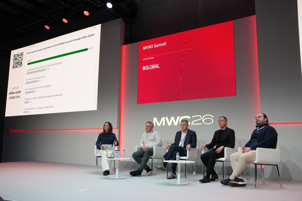 Five people sit on a stage panel at the MVNO Summit, with screens displaying event info and poll results behind them.
