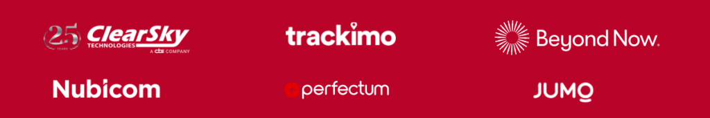 Six company logos on a red background: ClearSky Technologies, trackimo, Beyond Now, Nubicom, perfectum, and JUMO. Each logo uses distinct fonts and styling, with some including graphic elements like shapes or bursts.