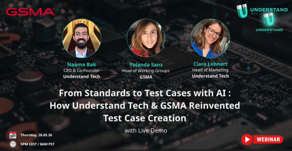 Webinar banner with speakers’ photos and text about reinventing test case creation with AI, by Understand Tech and GSMA.