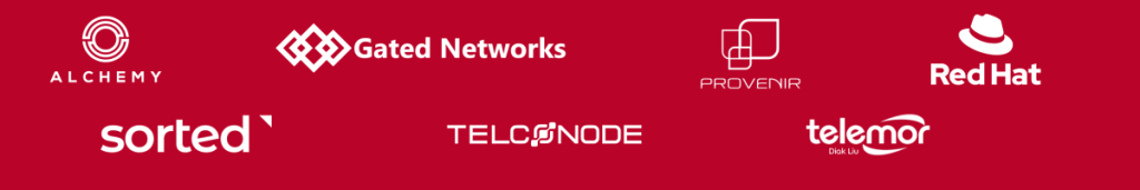 Red background with logos and names of seven companies: Alchemy, Gated Networks, Provenir, Red Hat, Sorted, Telcogrid, and Telenor—each displaying distinct typefaces and graphical logos in white. GSMA New Members for September include Digital Wallets API Developer among these innovative organizations.