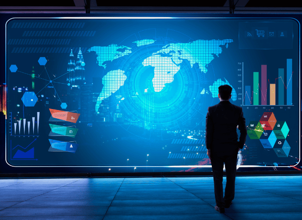 person in front of wall screen