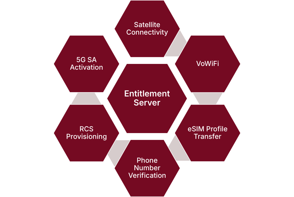 A central hexagon labeled "Entitlement Server" is surrounded by six maroon hexagons that read: "Satellite Connectivity," "VoWiFi," "eSIM Profile Transfer," "Phone Number Verification," "RCS Provisioning," and "5G SA Activation.