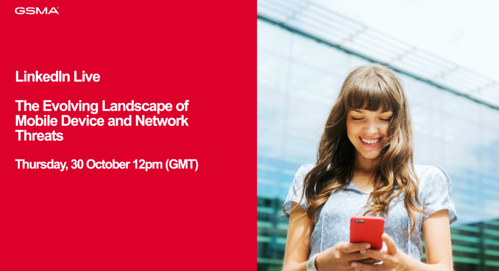 A smiling young woman stands outdoors using a mobile phone. Next to her, a red panel displays white text: “LinkedIn Live. The Evolving Landscape of Network Threats and Scam Messages. Thursday, 30 October 12pm (GMT).” Glass building background.
