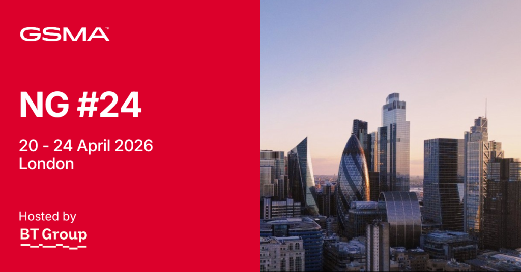 Red and white event banner for GSMA NG #24, 20–24 April 2026, London, with a London cityscape background.