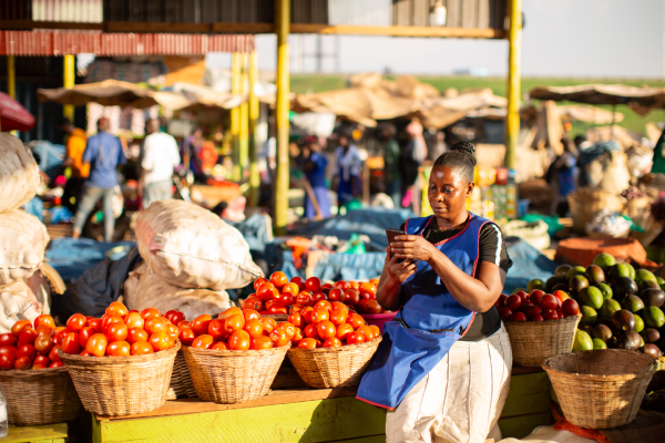 A woman in a blue apron sits by baskets of tomatoes and avocados at an outdoor market, looking at her phone. Colorful produce and people fill the busy, sunlit background. The scene conveys daily life and commerce in a vibrant, open-air market.