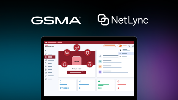 A digital dashboard on a laptop screen displays mobile service analytics and data icons. The top of the image shows the GSMA and NetLync logos on a dark gradient background. The dashboard features charts and icons for LTE, WiFi, and 5G connectivity.