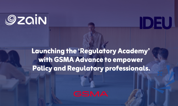 A man speaks on stage with text: "Launching the 'Regulatory Academy' with GSMA Advance to empower professionals.