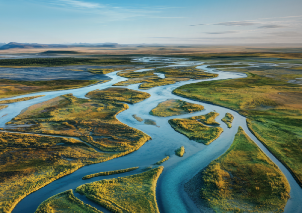 A wide, winding river snakes through green, grassy islands and wetlands under a blue sky. The landscape is flat and expansive, with distant hills on the horizon. The sunlight casts soft shadows, highlighting the river’s intricate channels and lush vegetation.