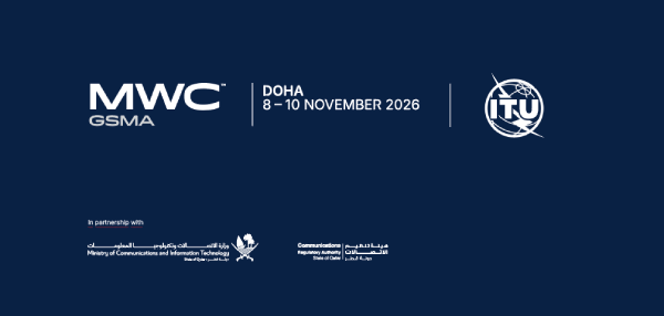 Dark blue graphic for MWC Doha, 8–10 November 2026, GSMA and ITU logos. Partner logos: Ministry of Communications and Information Technology, Communications Regulatory Authority, State of Qatar. Simple, modern white text and logos centred.