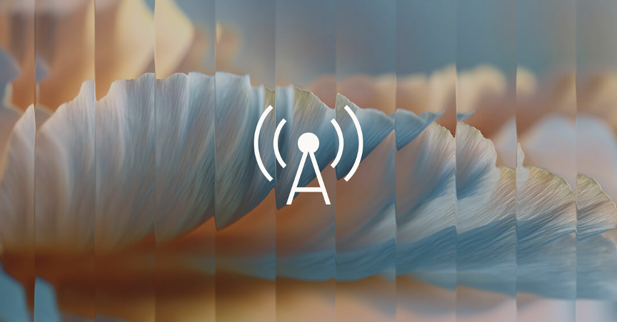 Abstract image with wavy, pastel blue and peach-coloured shapes. An aerial symbol with curved signal lines is centred on top, standing out in white against the soft, blurred, layered background. The overall tone is soft and serene.