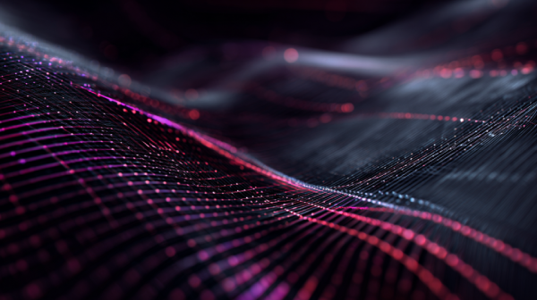 A digital abstract landscape of wavy lines and glowing dots in shades of pink, red, and purple on a dark background, resembling a futuristic data network or a stylized 3D grid with shimmering, undulating patterns.