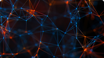 Abstract image of glowing interconnected lines and nodes forming a network. The lines and nodes are primarily blue and orange on a dark background, creating a sense of depth and complexity, resembling a digital, neural, or technology network.