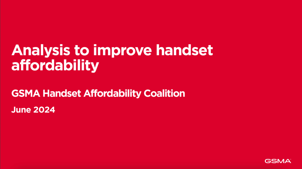Title slide with a red background and white text that reads "Analysis to improve handset affordability, GSMA Handset Affordability Coalition, June 2024." The image includes the GSMA logo in the lower right corner.